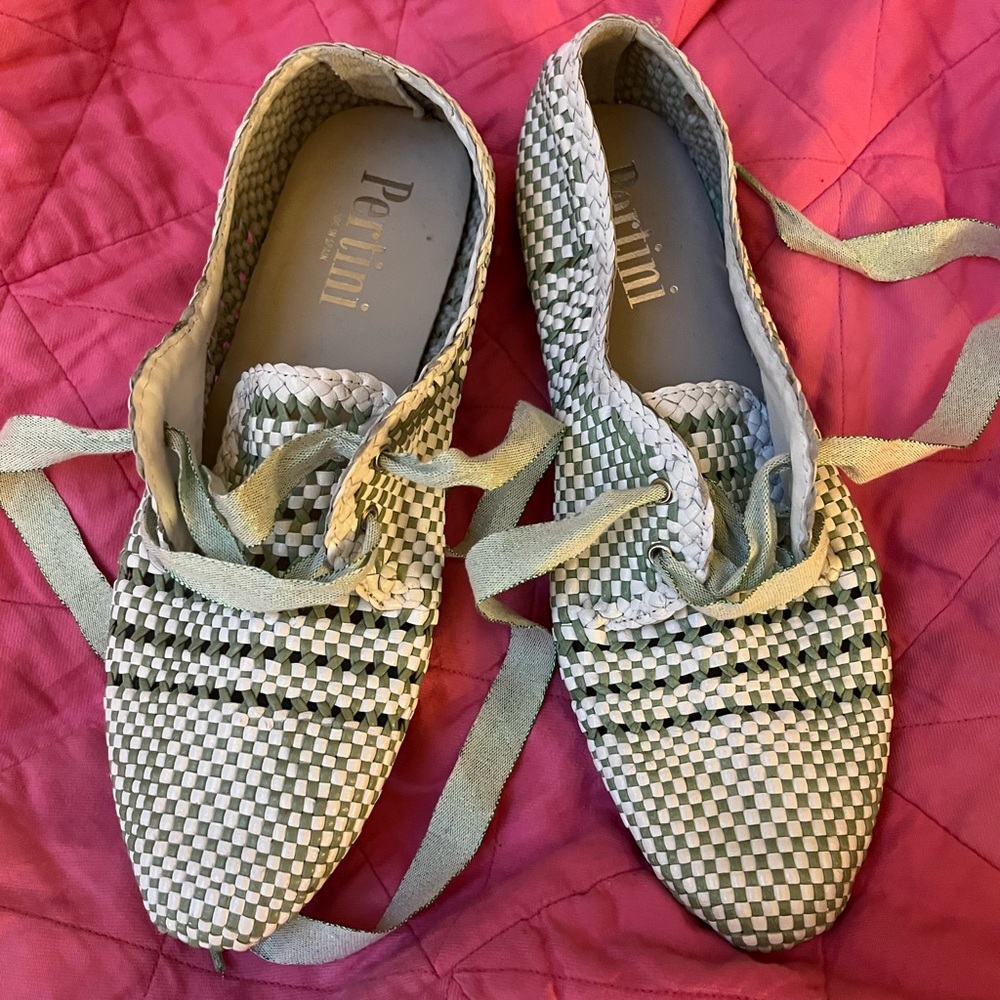 Pertini woven loafers in white and light mint green. Near new!